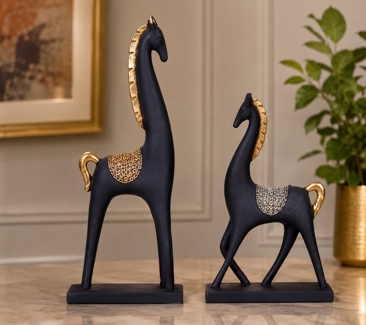 Black & Gold Horse Sculpture Pair