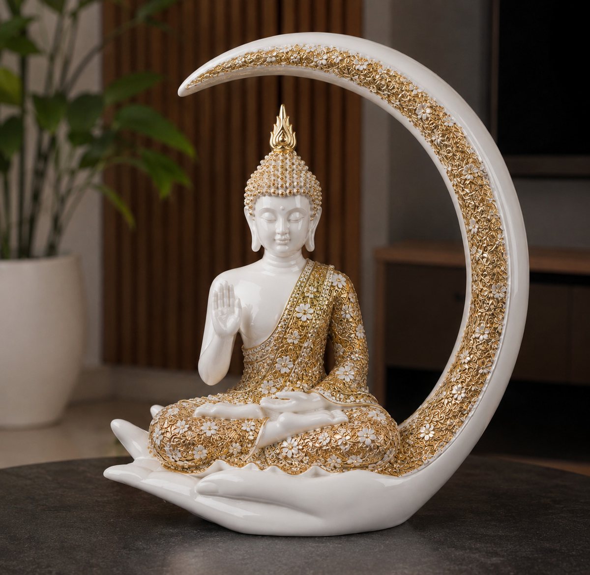 White & Gold Moon Buddha Showpiece